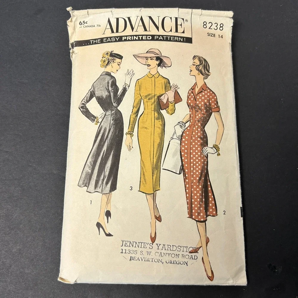 Vintage 50's Advance Sewing Pattern 8238 Misses Size 14 Dress HTF RARE